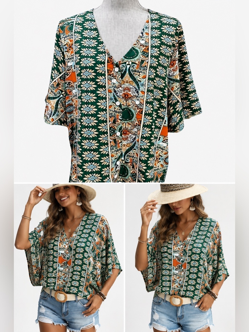 CUPSHE Women's Floral V Neck Button Front Bell Sleeve Blouse Top XL
